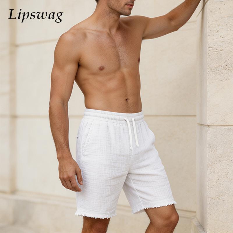 Short Linen Drawstring - Moda Yırtık Keten Şort Erkek Günlük