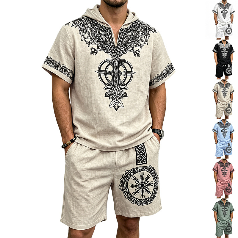 Short Linen Drawstring - Erkekler Keten Görünümlü Viking Ağacı Baskılı