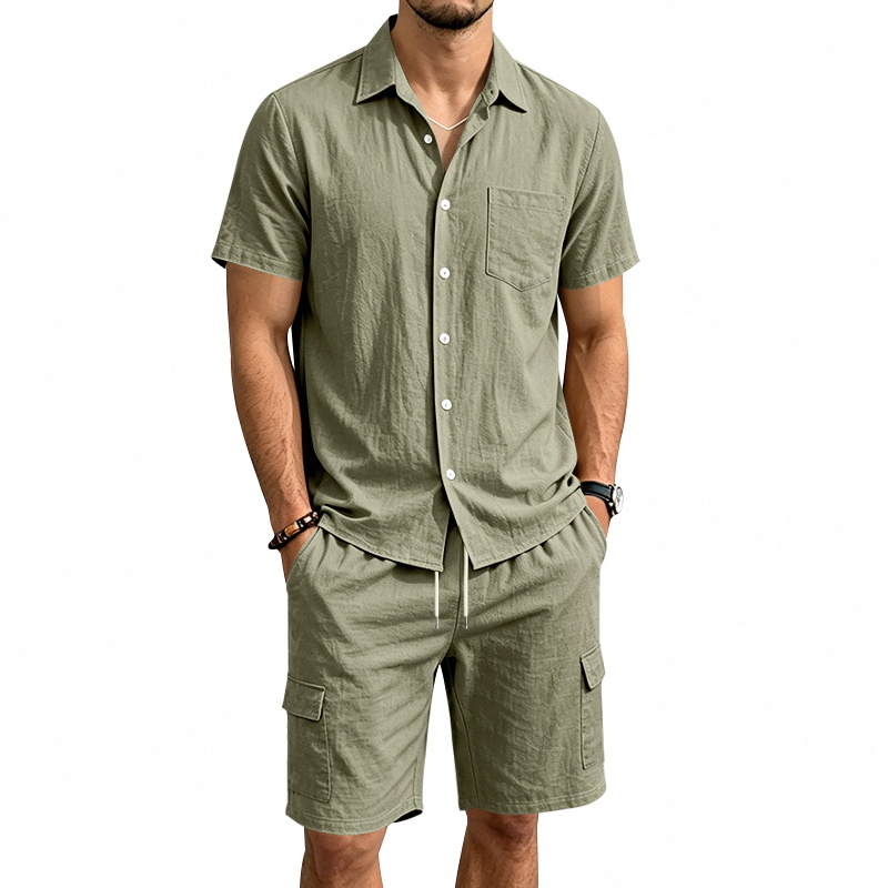 Short Linen Drawstring - Erkekler Yazlık Amerikan Keten İki Parçalı